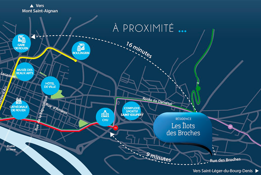 Cartographie de la ville de Rouen localisant la Résidence Les Îlots des Broches.